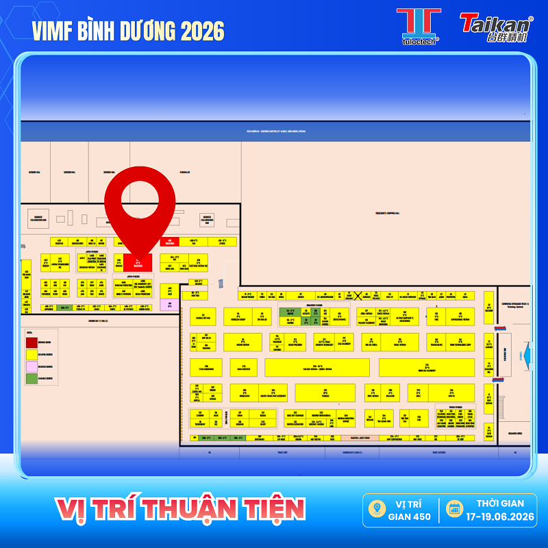 Sơ đồ đường đi đến gian hàng số 450, Hall C của TLT & Taikan tại VIMF Bình Dương 2026
